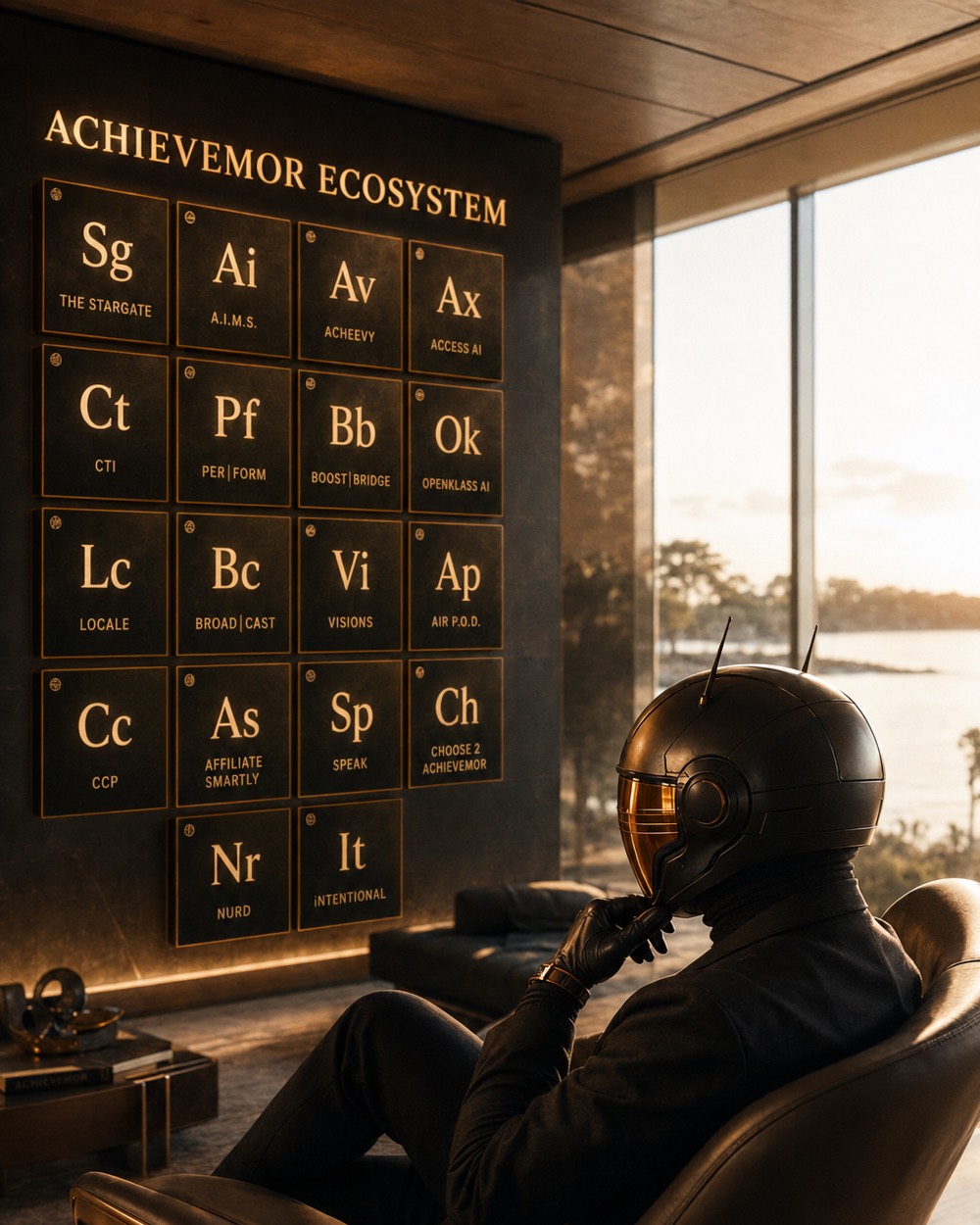 ACHEEVY seated before the ACHIEVEMOR ecosystem wall